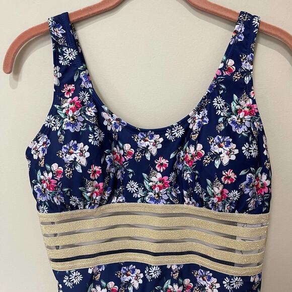 NICOLE MILLER Navy Blue Floral Bathing Suit Swimsuit Mesh One Piece Size Medium - Picture 3 of 8